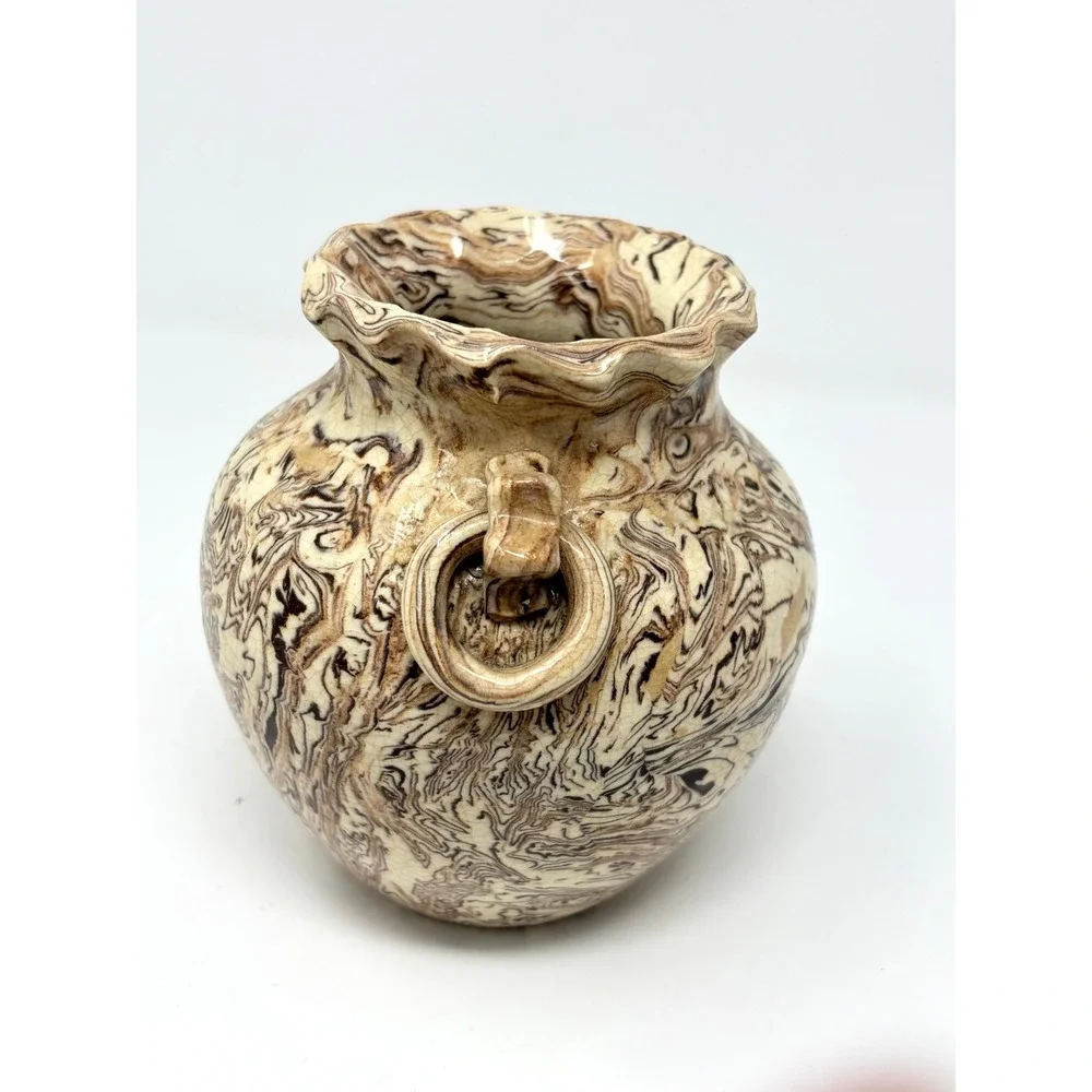 Japanese Nerikomi Neriage Marbled Agateware Pottery Vase with Ring Handles